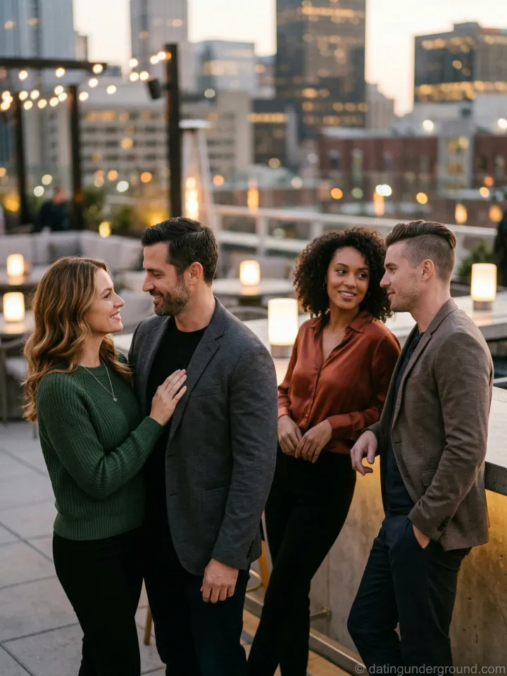 group socializing in a public setting illustrating mainstream dating apps vs private underground dating